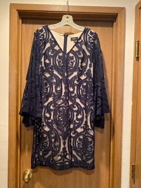MSK Navy overlay dress with bell sleeve size 8